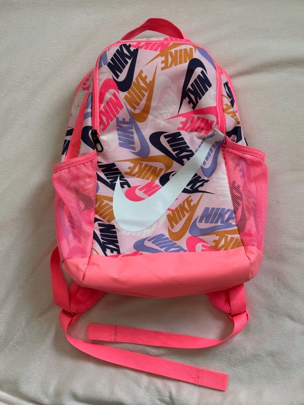 Nike Pink Multi-Logo Kids Backpack with White Swoosh